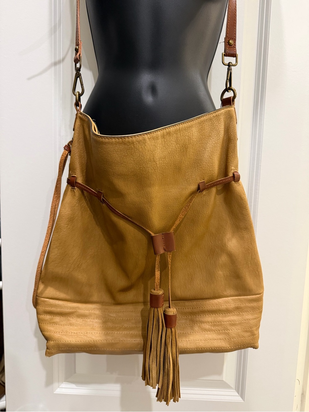 Altar'd State Tan Faux Leather Drawstring Tassel Leather Shoulder Boho Bag Purse